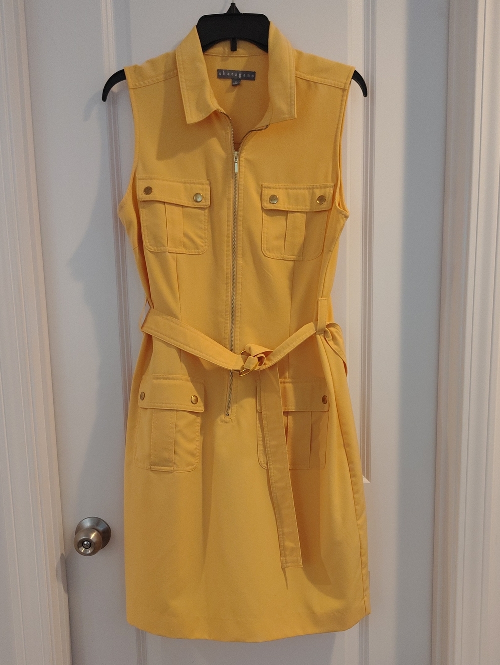 LIKE NEW Sharagano Yellow Sleeveless Zip-Front Midi Dress Waist Tie Size 10